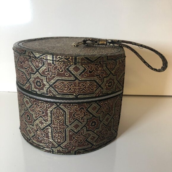 Vintage Round Tapestry Design Storage Box Carrier Vinyl Travel Luggage HandleZip - Picture 5 of 10